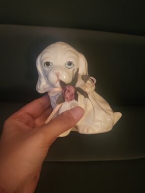 White Ceramic Puppy Figurine with Pink Rose Accent